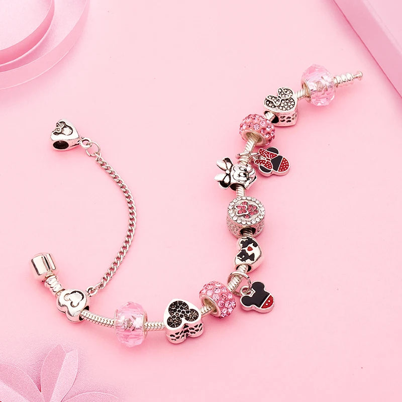 Disney Pink Crystal Charm Bracelet – Colorful Handmade Enamel Beads for Women
