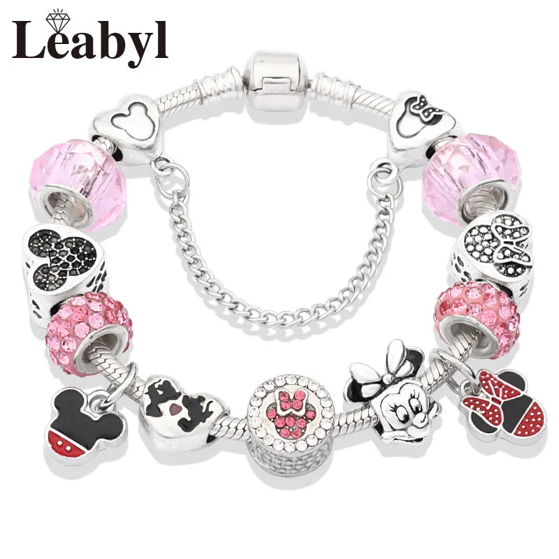 Disney Pink Crystal Charm Bracelet – Colorful Handmade Enamel Beads for Women