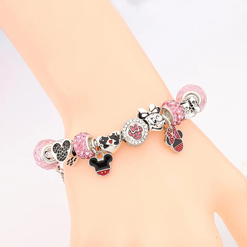 Disney Pink Crystal Charm Bracelet – Colorful Handmade Enamel Beads for Women