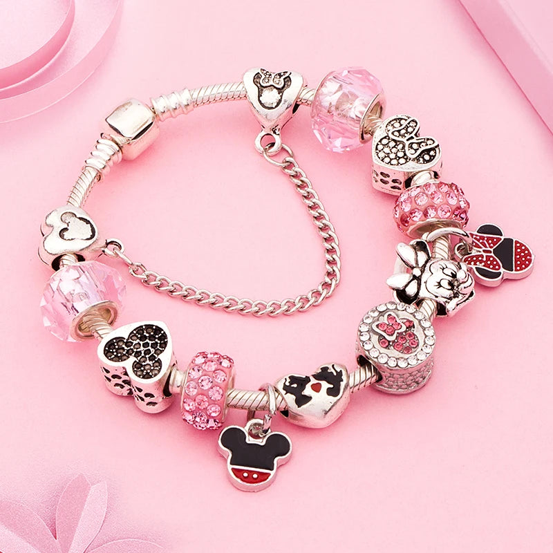 Disney Pink Crystal Charm Bracelet – Colorful Handmade Enamel Beads for Women