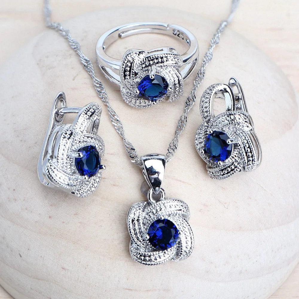 Blue Zirconia Jewelry Set – 925 Silver Bridal Set with Earrings, Ring, Bracelet & Necklace