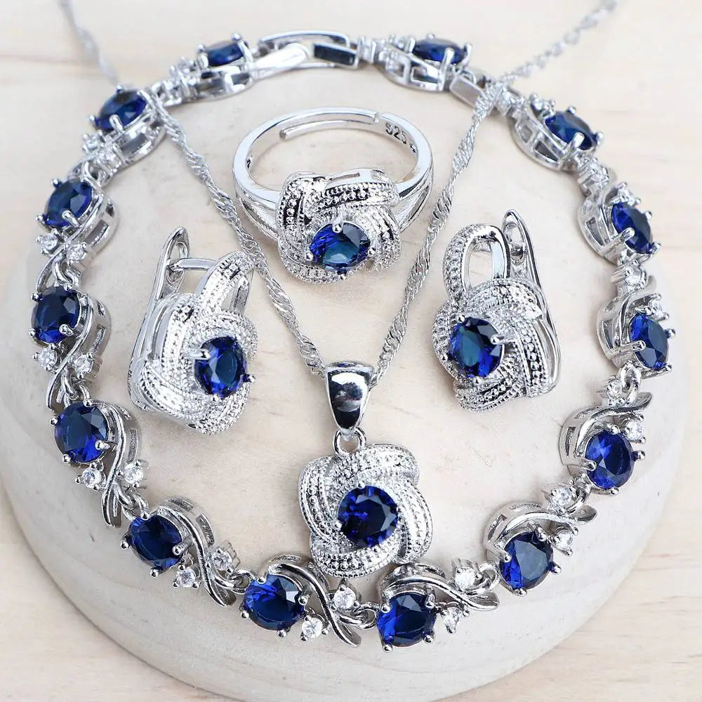 Blue Zirconia Jewelry Set – 925 Silver Bridal Set with Earrings, Ring, Bracelet & Necklace