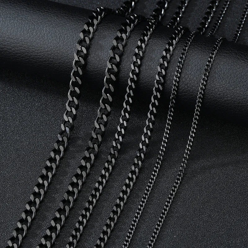 Punk Stainless Steel Cuban Chain – Solid 3/5/7 mm Link Necklace in Black or Gold for Men & Women
