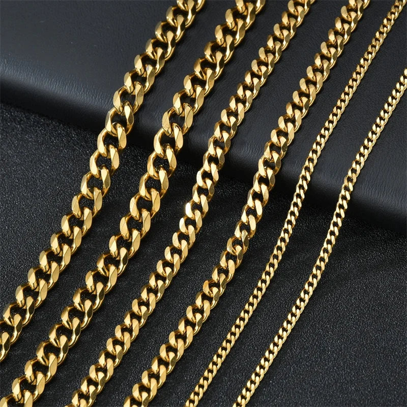 Punk Stainless Steel Cuban Chain – Solid 3/5/7 mm Link Necklace in Black or Gold for Men & Women