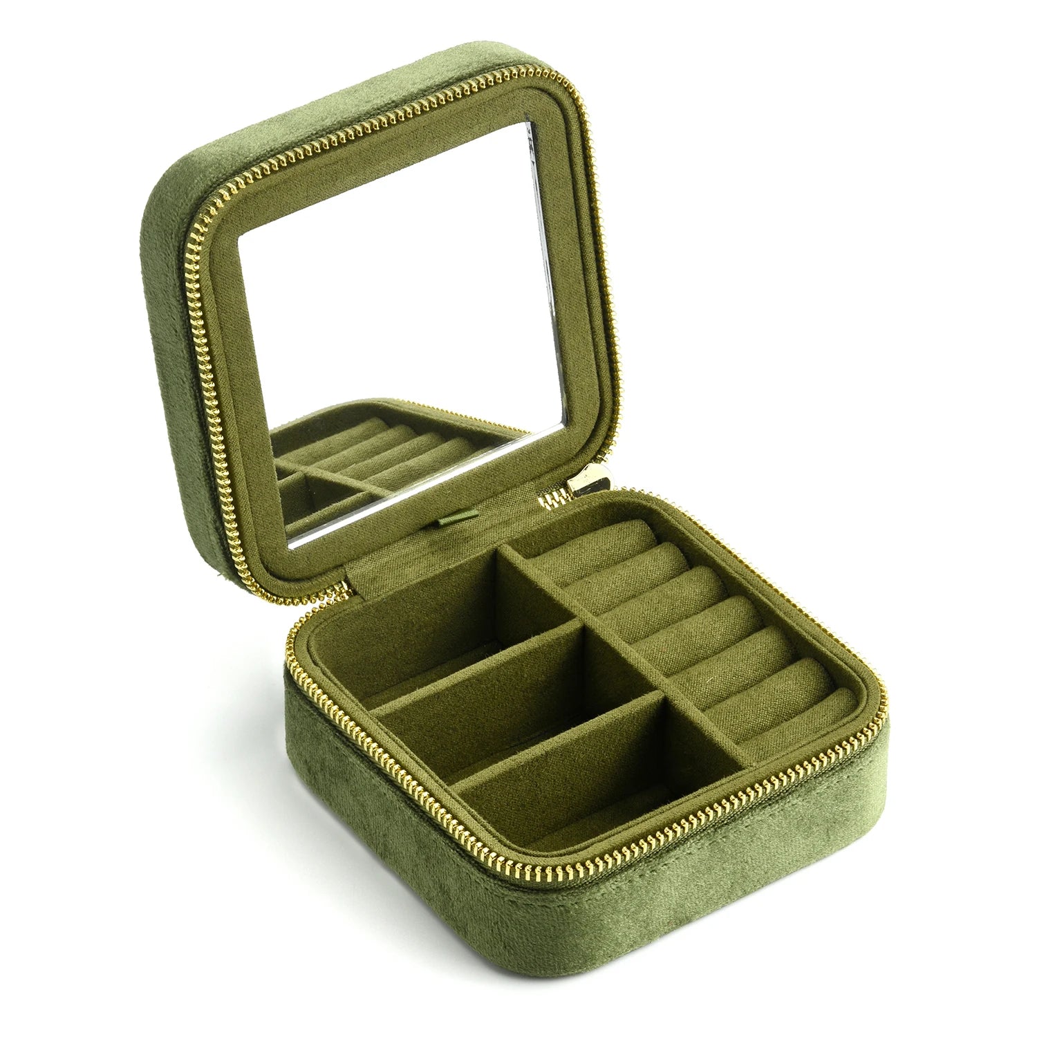 TAIMY Vintage Velvet Jewelry Box – Retro Green Travel Ring Case with Mirror
