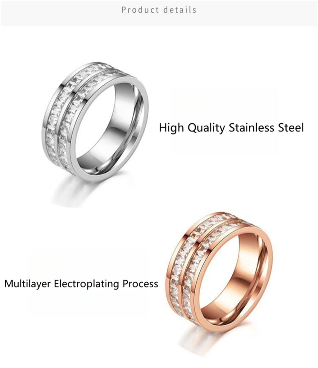 Rose Gold Double-Row Zircon Ring – Romantic Square-Cut Stainless Steel Band for Weddings & Parties