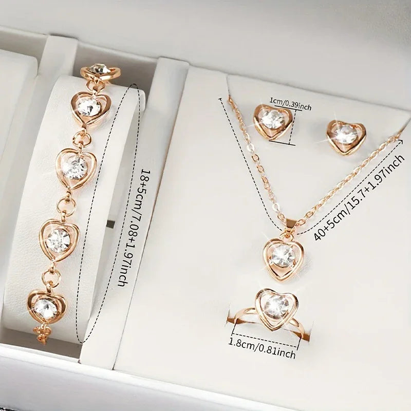 5-Piece Gold Heart Jewelry Set – Elegant Double Heart Necklace, Ring & Earrings with Rhinestones