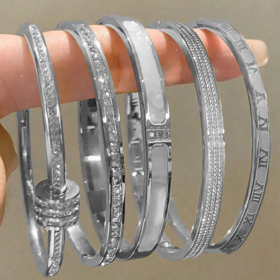 Yupsk Titanium Steel Couple Bracelet – Shiny Zircon Inlay in Gold or Silver for Him & Her