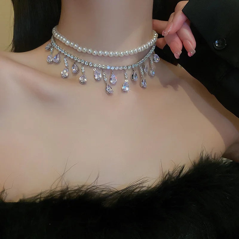 Luxury Crystal Rhinestone Choker – Multi-Layer Pearl Chain Necklace for Parties & Weddings