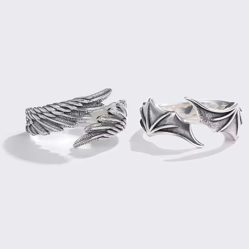 FTCY Angel & Devil Wing Rings – 2-Piece Adjustable Vintage Silver Couple Set for Men & Women