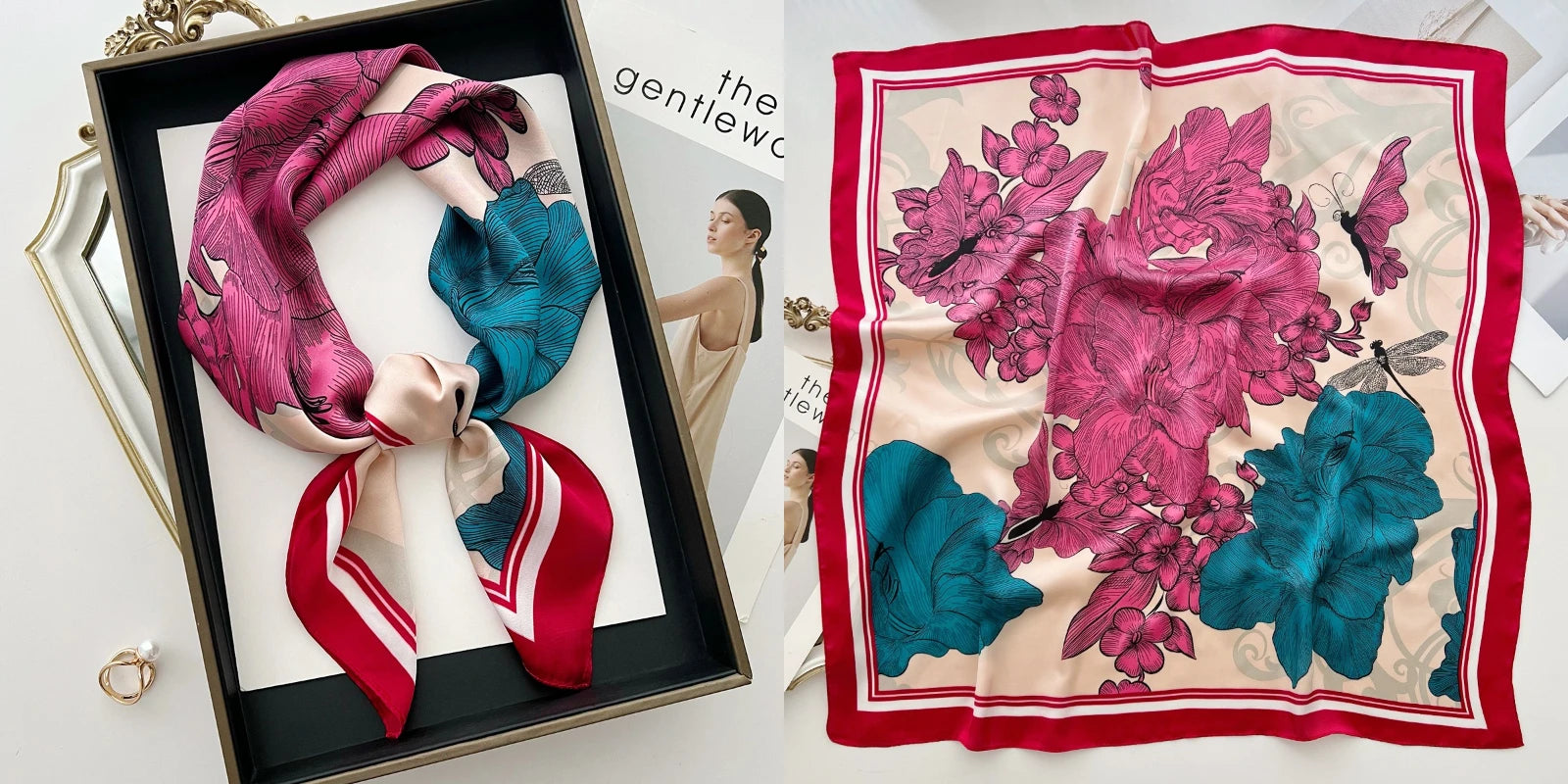 Luxury Floral Silk Scarf – Soft Satin Square Wrap for Hair, Neck & Hijab