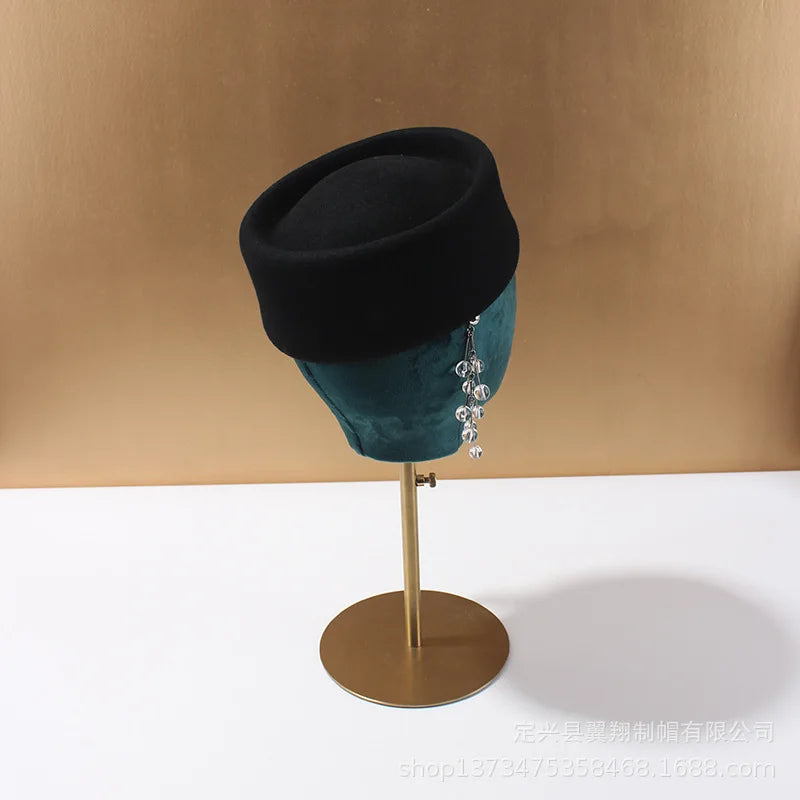 Vintage Wool Felt Beret – Elegant Hard-Top Pillbox Fedora for Weddings & Cocktail Parties