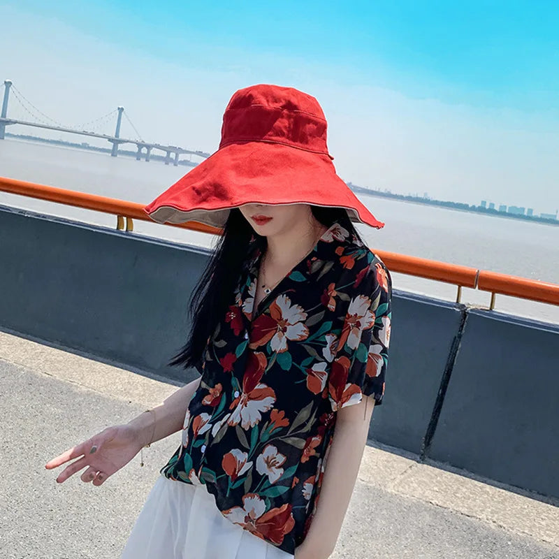 Wide Brim UPF 50+ Sun Hat – Double-Sided Anti-UV Beach & Hiking Cap for Women