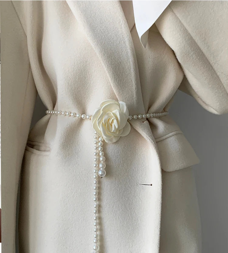 Pearl Camellia Waist Belt – Elegant Decorative Belt for Dresses, Coats & Jackets