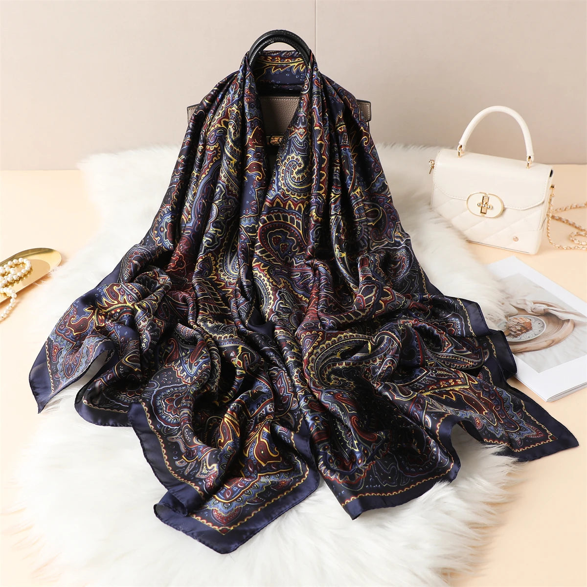 Luxury Silk Satin Scarf –  Large Wrap for Women, Elegant Beach & Hijab Style
