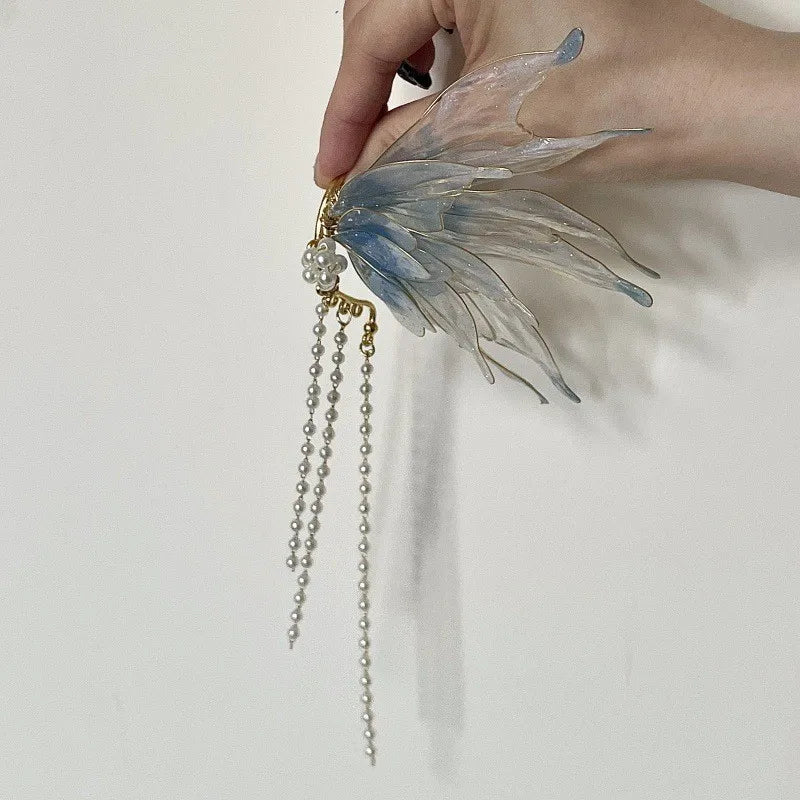 Butterfly & Mermaid Pearl Tassel Ear Cuffs – Elegant Non-Piercing Fairy-Style Earrings