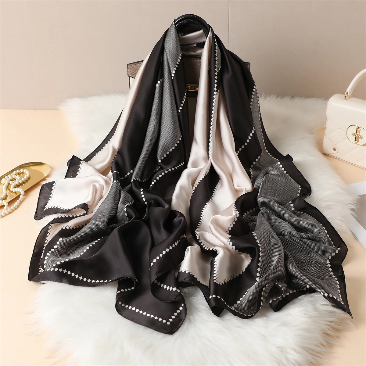 Luxury Silk Satin Scarf –  Large Wrap for Women, Elegant Beach & Hijab Style
