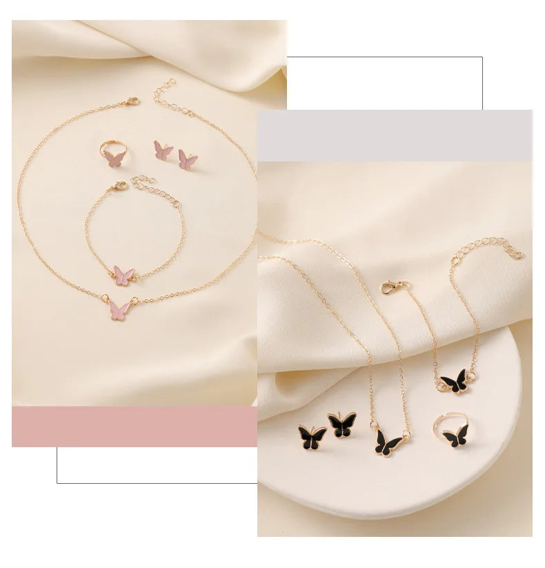 4-Piece Butterfly Jewelry Set – Imitation Pearl Necklace & Earrings for Women and Girls