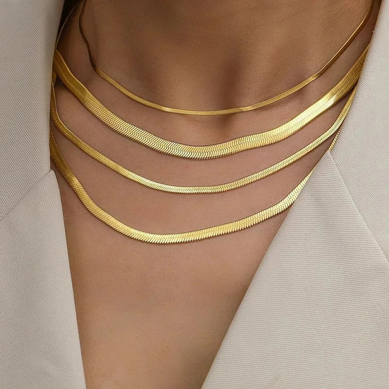Flat Snake Chain Choker – Unisex Stainless Steel Herringbone Necklace in Gold or Silver