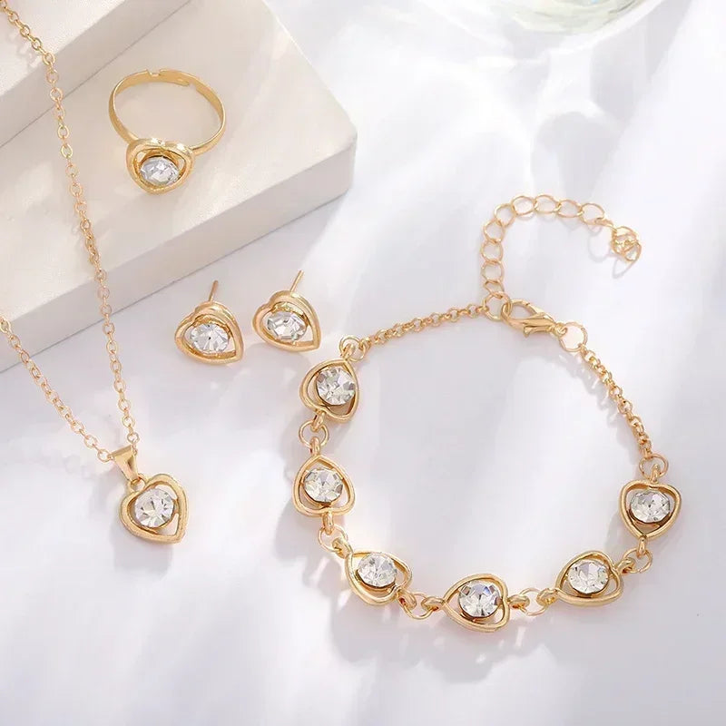 5-Piece Gold Heart Jewelry Set – Elegant Double Heart Necklace, Ring & Earrings with Rhinestones