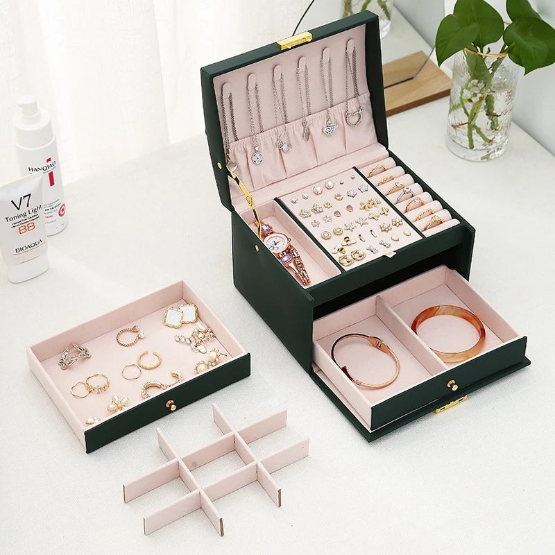 Three-Layer Leather Drawer Jewelry Box – Multi-Functional Storage with Lock for Earrings & Accessories