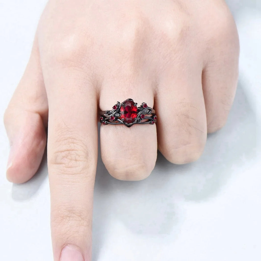 Couple Ring Set – Red Rhinestone Women’s Band & Stainless Steel Celtic Dragon Men’s Ring, Romantic Wedding Style