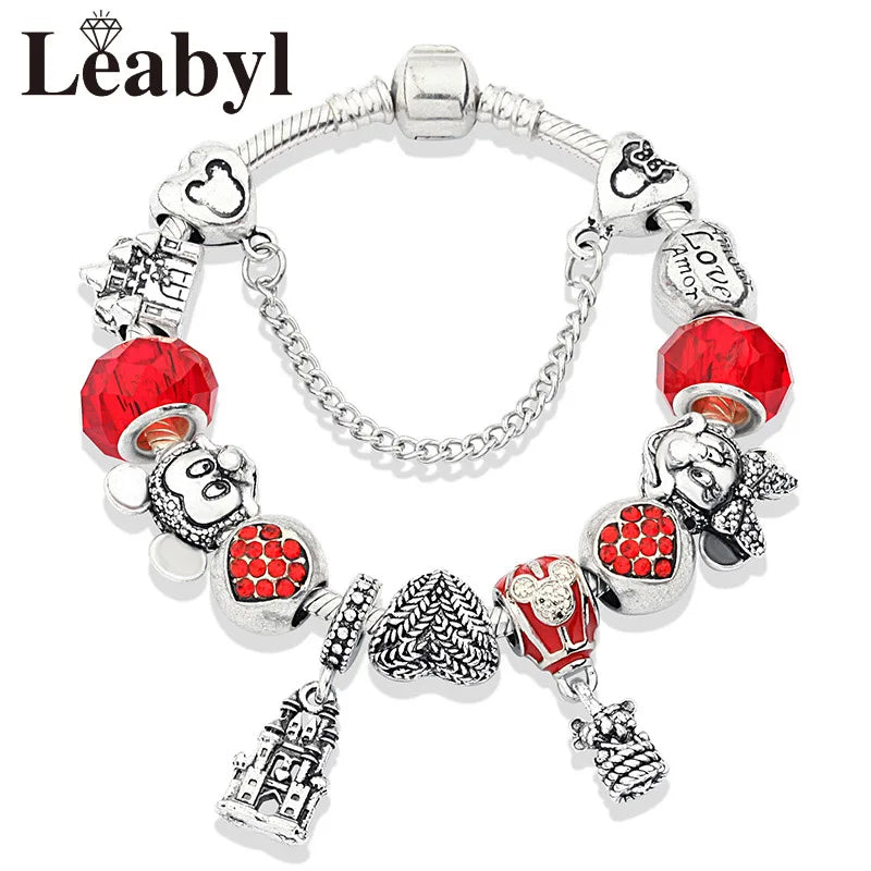 Disney Pink Crystal Charm Bracelet – Colorful Handmade Enamel Beads for Women
