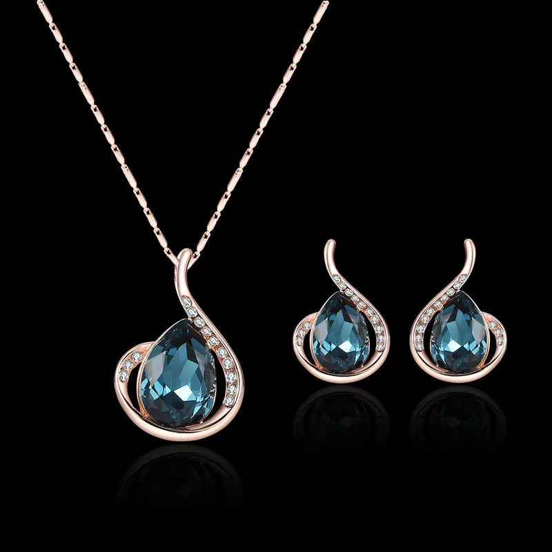 3-Piece Waterdrop Rhinestone Jewelry Set – Elegant Pendant Necklace & Hook Earrings
