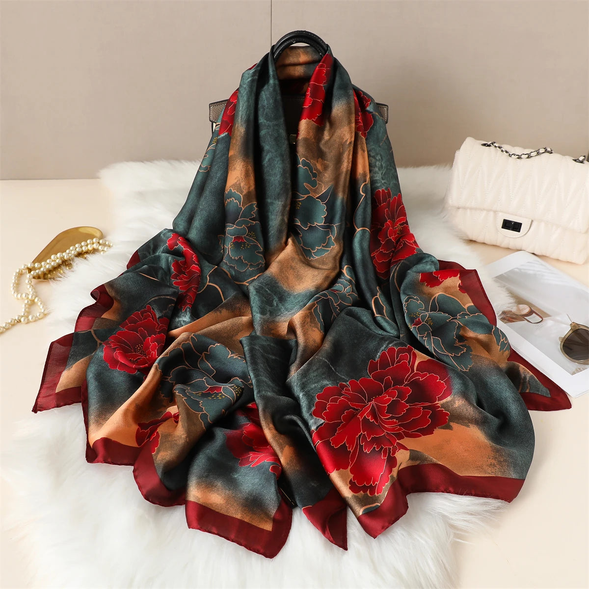 Luxury Silk Satin Scarf –  Large Wrap for Women, Elegant Beach & Hijab Style
