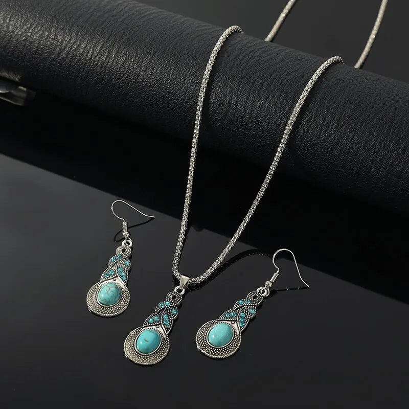 3-Piece Vintage Turquoise Jewelry Set – Blue Crystal Pendant Necklace & Matching Earrings for Men and Women