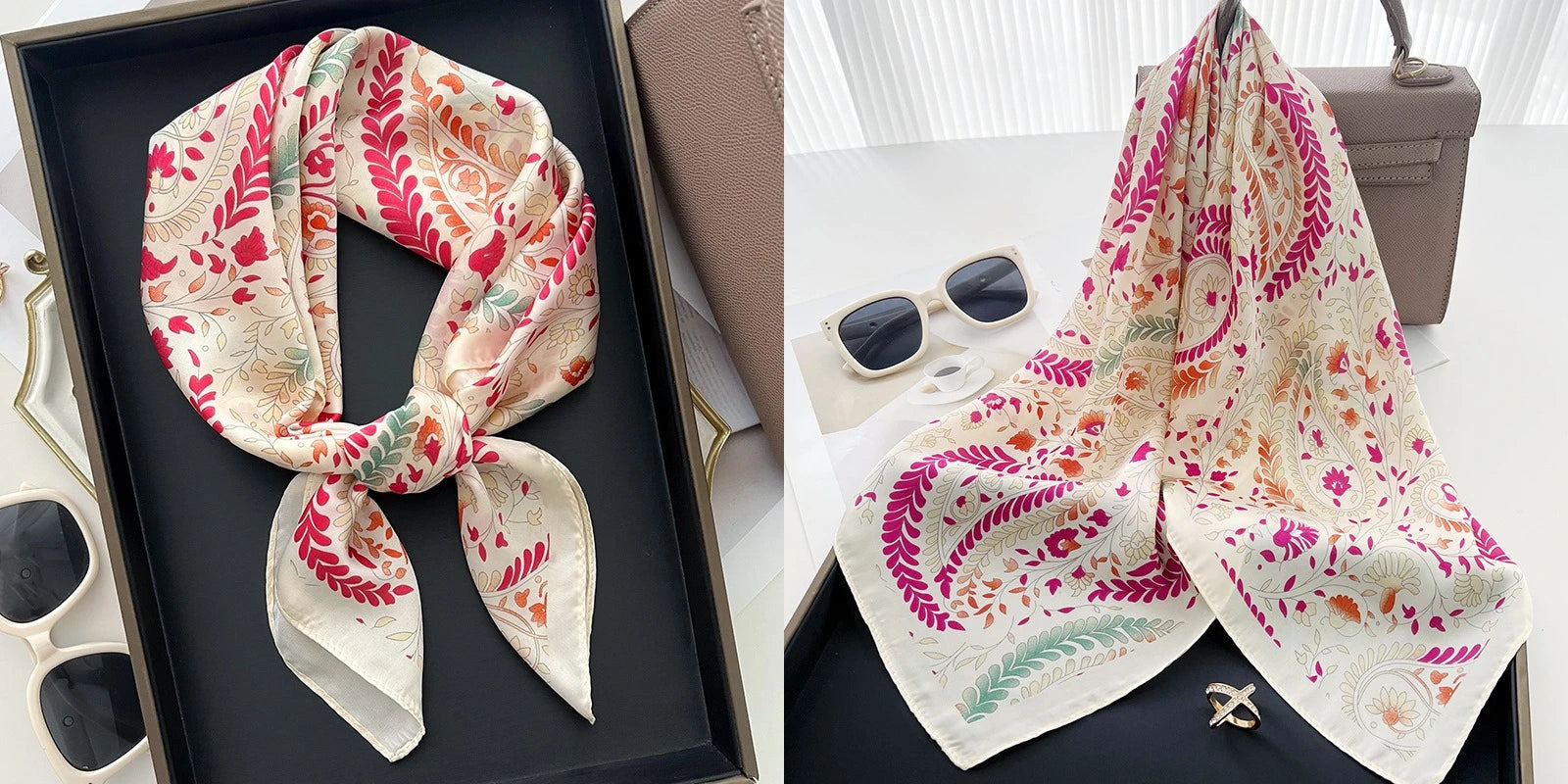 Luxury Floral Silk Scarf – Soft Satin Square Wrap for Hair, Neck & Hijab