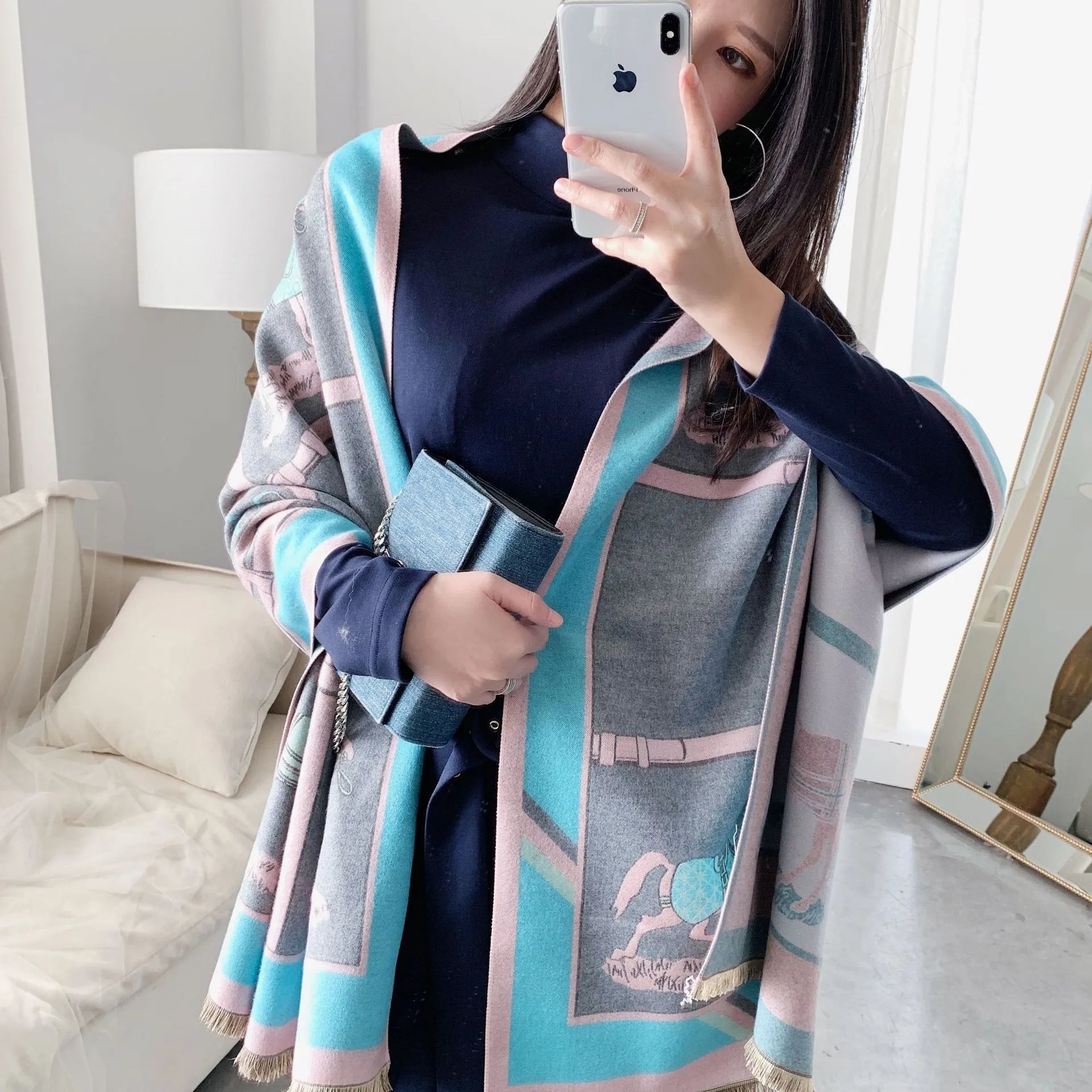 Luxury Cashmere Scarf – Thick Horse Print Winter Shawl for Women, Warm & Elegant Gift