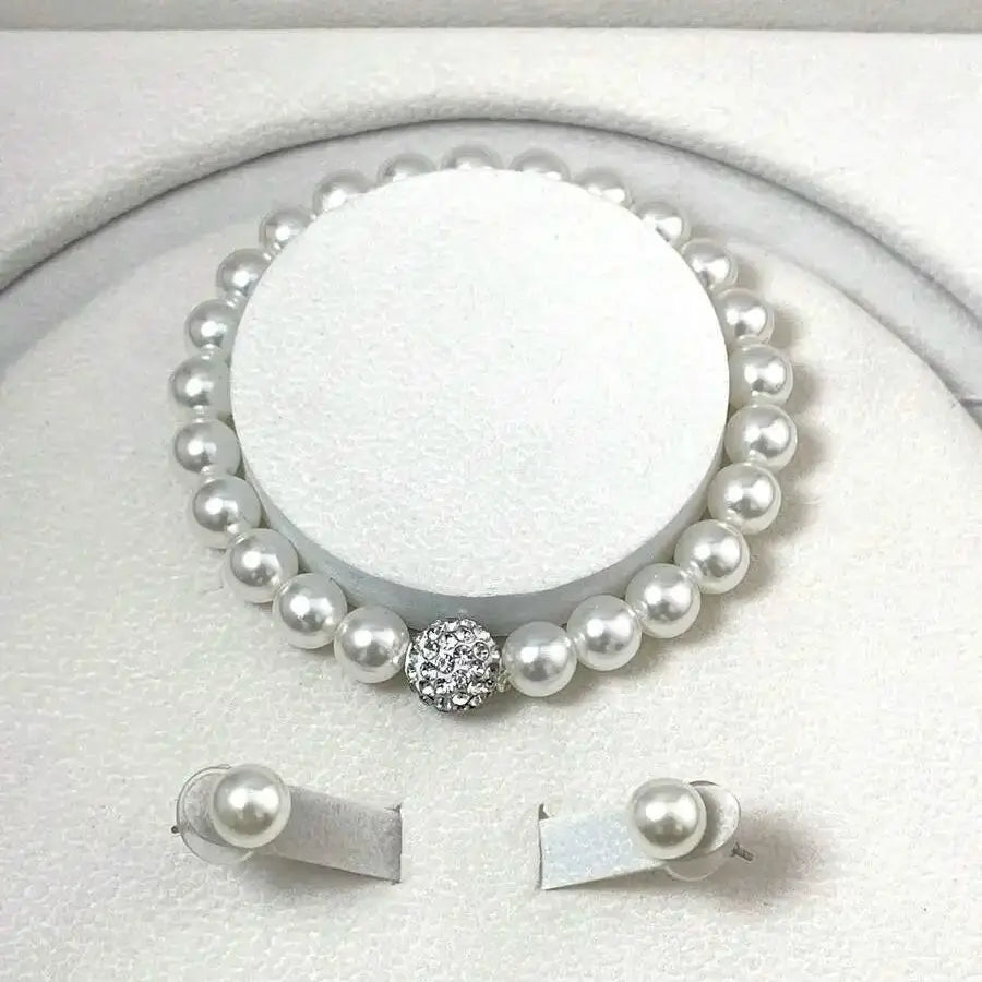 3-Piece Pearl Fireball Jewelry Set – Elegant Silver Necklace, Bracelet & Stud Earrings for Brides