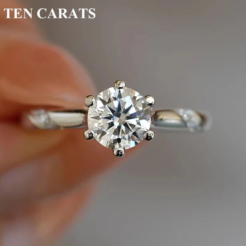 TEN CARATS Moissanite Ring – S925 Silver, 18K White Gold, Round VVS 0.5–2 ct Wedding Luxury Jewelry