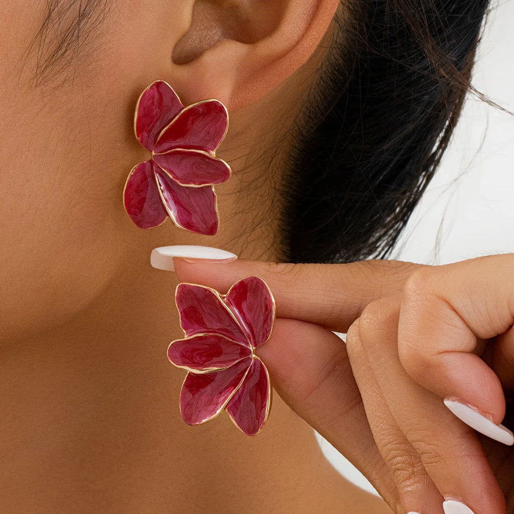 Metal Flower Red Enamel Petal Drop Earrings for Women Trendy Yellow Blue Green Drops Oil Flower Earrings Fashion Jewelry Gifts