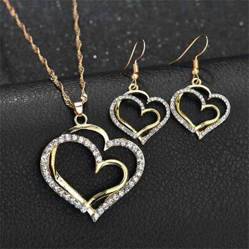 3-Piece Double Heart Jewelry Set – Rhinestone Necklace & Earrings for Women