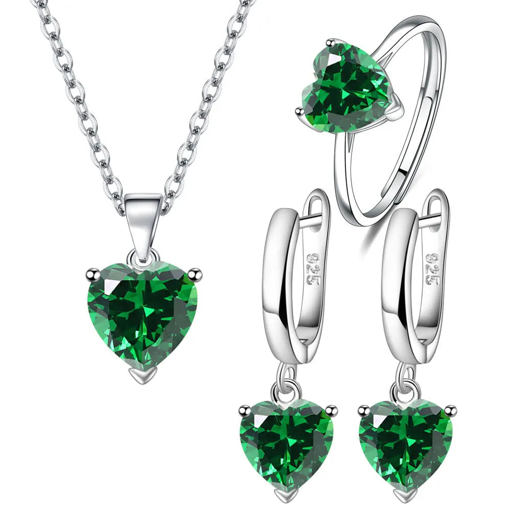 Heart Zirconia Jewelry Set – Elegant 925 Silver Ring, Earrings & Necklace for Bridal Style