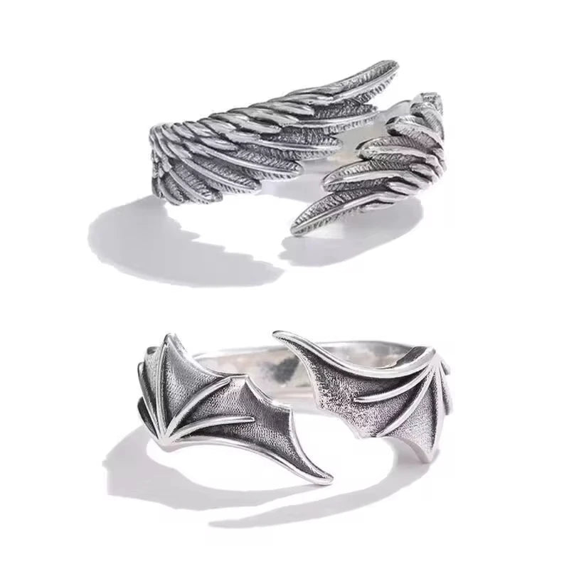 FTCY Angel & Devil Wing Rings – 2-Piece Adjustable Vintage Silver Couple Set for Men & Women