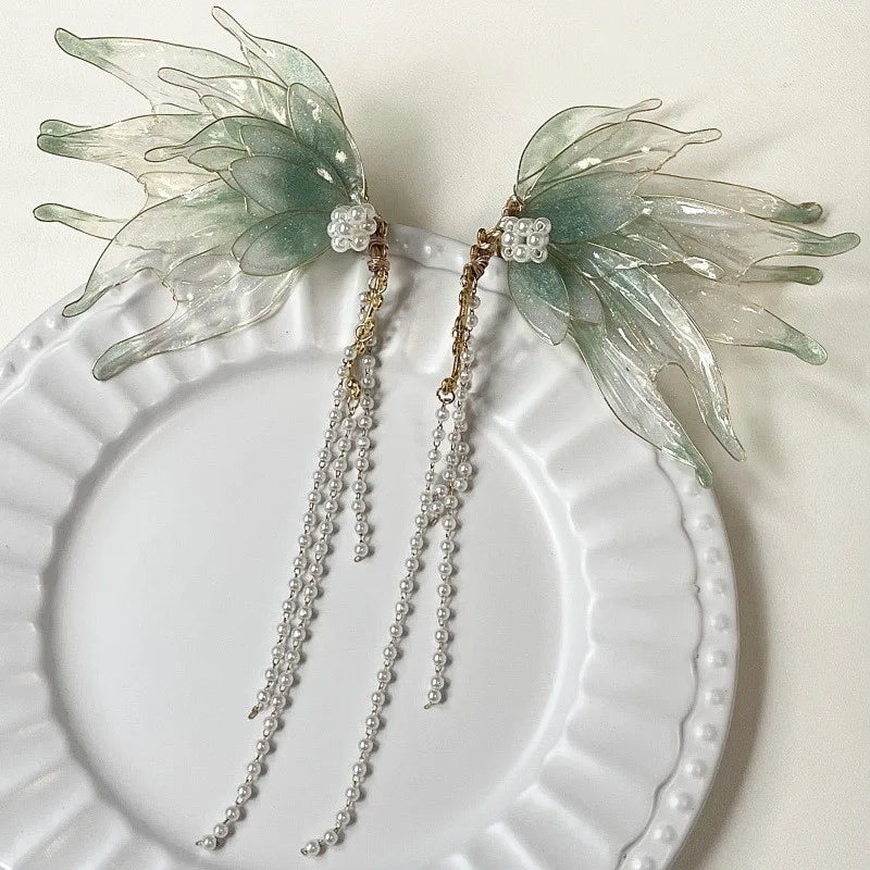 Butterfly & Mermaid Pearl Tassel Ear Cuffs – Elegant Non-Piercing Fairy-Style Earrings