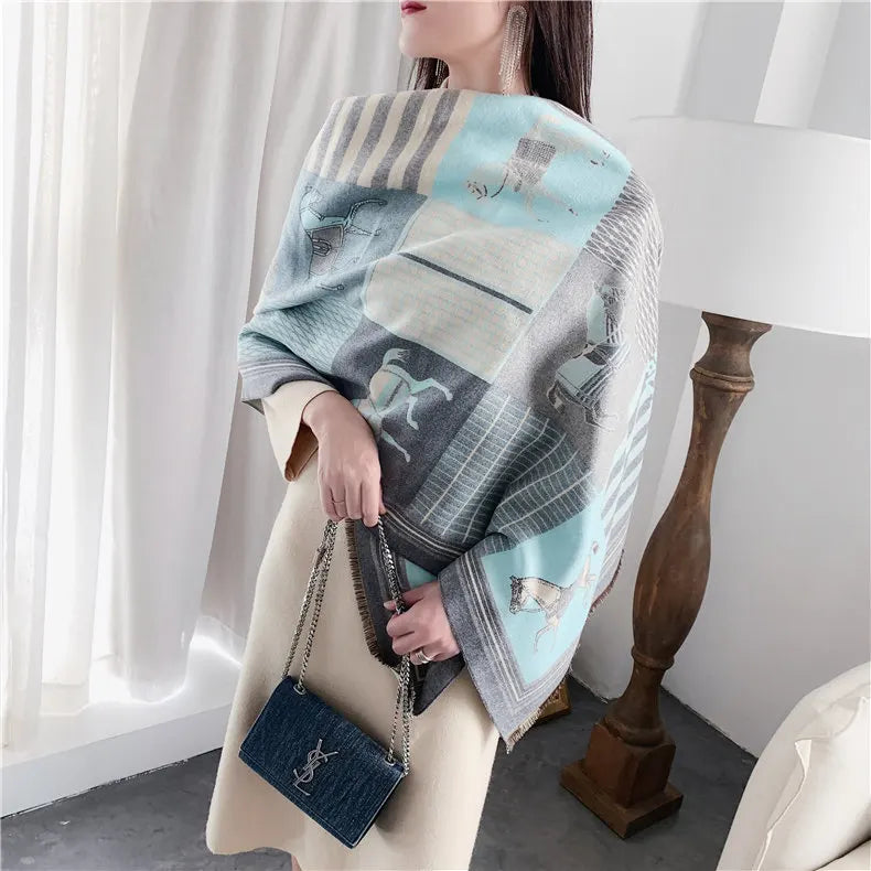 Luxury Cashmere Scarf – Thick Horse Print Winter Shawl for Women, Warm & Elegant Gift