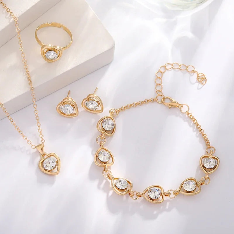 5-Piece Gold Heart Jewelry Set – Elegant Double Heart Necklace, Ring & Earrings with Rhinestones