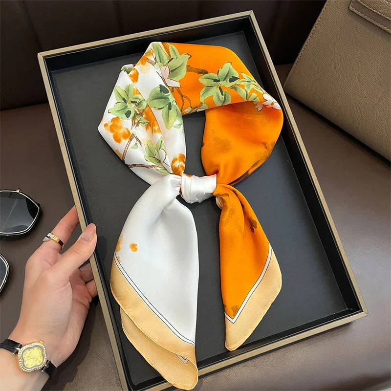 Bohemian Floral Silk Scarf – Luxury Square Satin Wrap for Hair, Neck & Hijab
