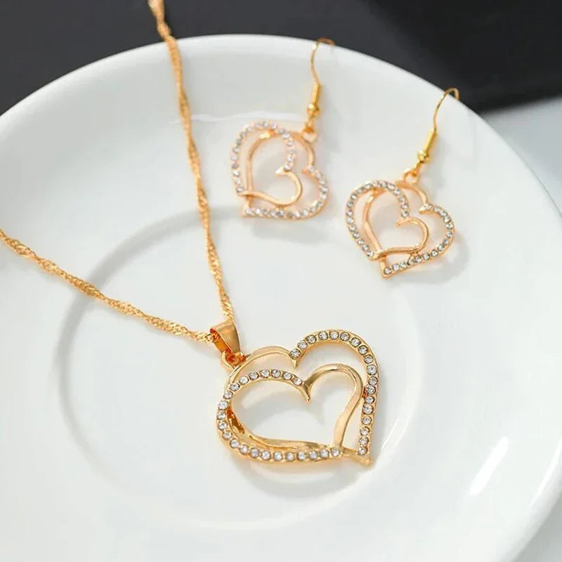 3-Piece Double Heart Jewelry Set – Rhinestone Necklace & Earrings for Women