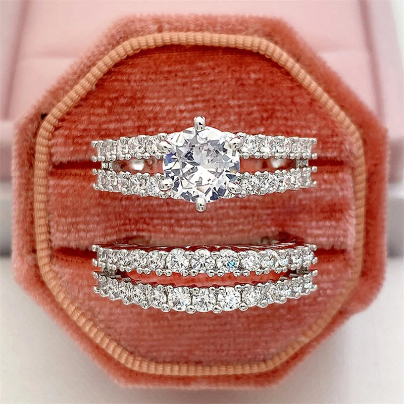Huitan Hollow Bling Ring Set – 2-Piece Iced-Out CZ Luxury Wedding & Engagement Style