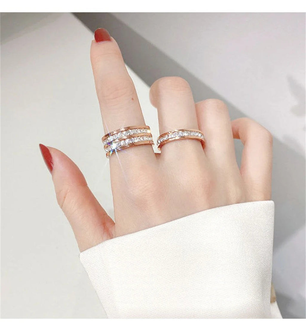 Rose Gold Double-Row Zircon Ring – Romantic Square-Cut Stainless Steel Band for Weddings & Parties