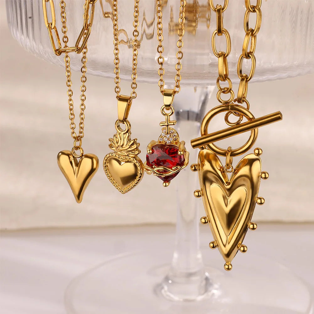 Punk Gold Heart Pendant Necklace – Stainless Steel OT Buckle Beaded Choker, Y2K Style