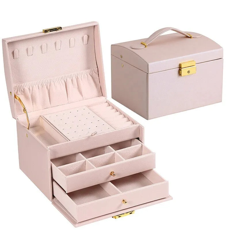 Three-Layer Leather Drawer Jewelry Box – Multi-Functional Storage with Lock for Earrings & Accessories