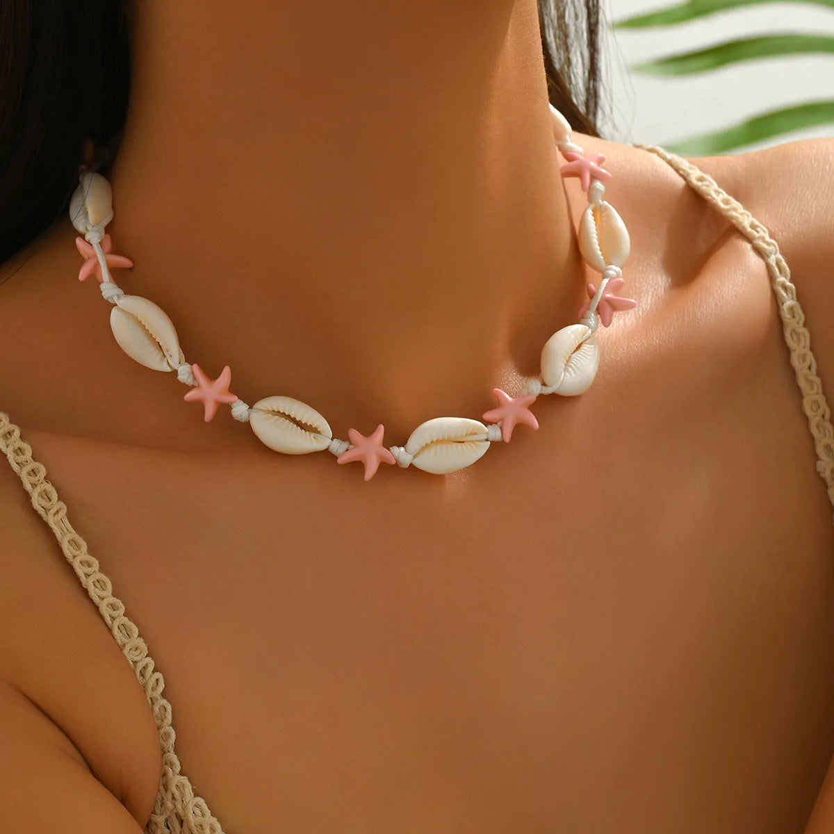 Bohemian Shell & Turquoise Choker – Handwoven Starfish Necklace for Summer Beach Style