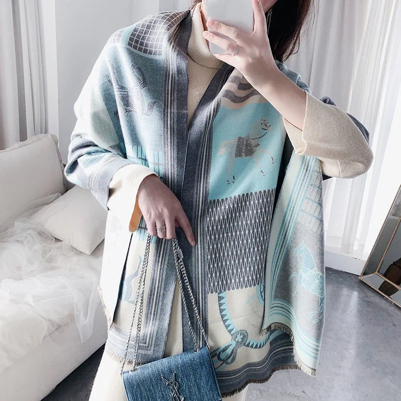Luxury Cashmere Scarf – Thick Horse Print Winter Shawl for Women, Warm & Elegant Gift