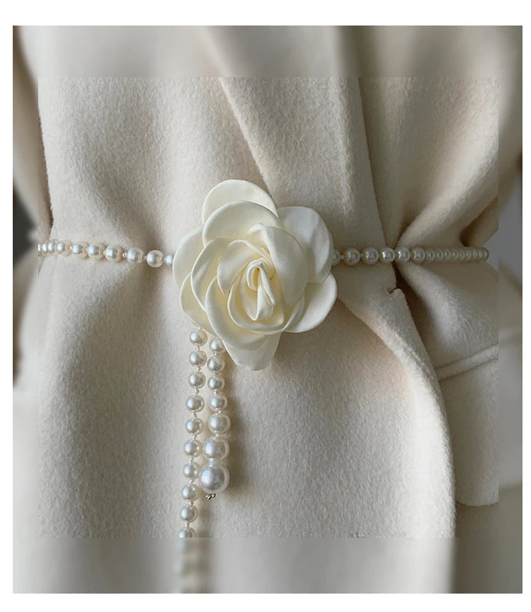 Pearl Camellia Waist Belt – Elegant Decorative Belt for Dresses, Coats & Jackets